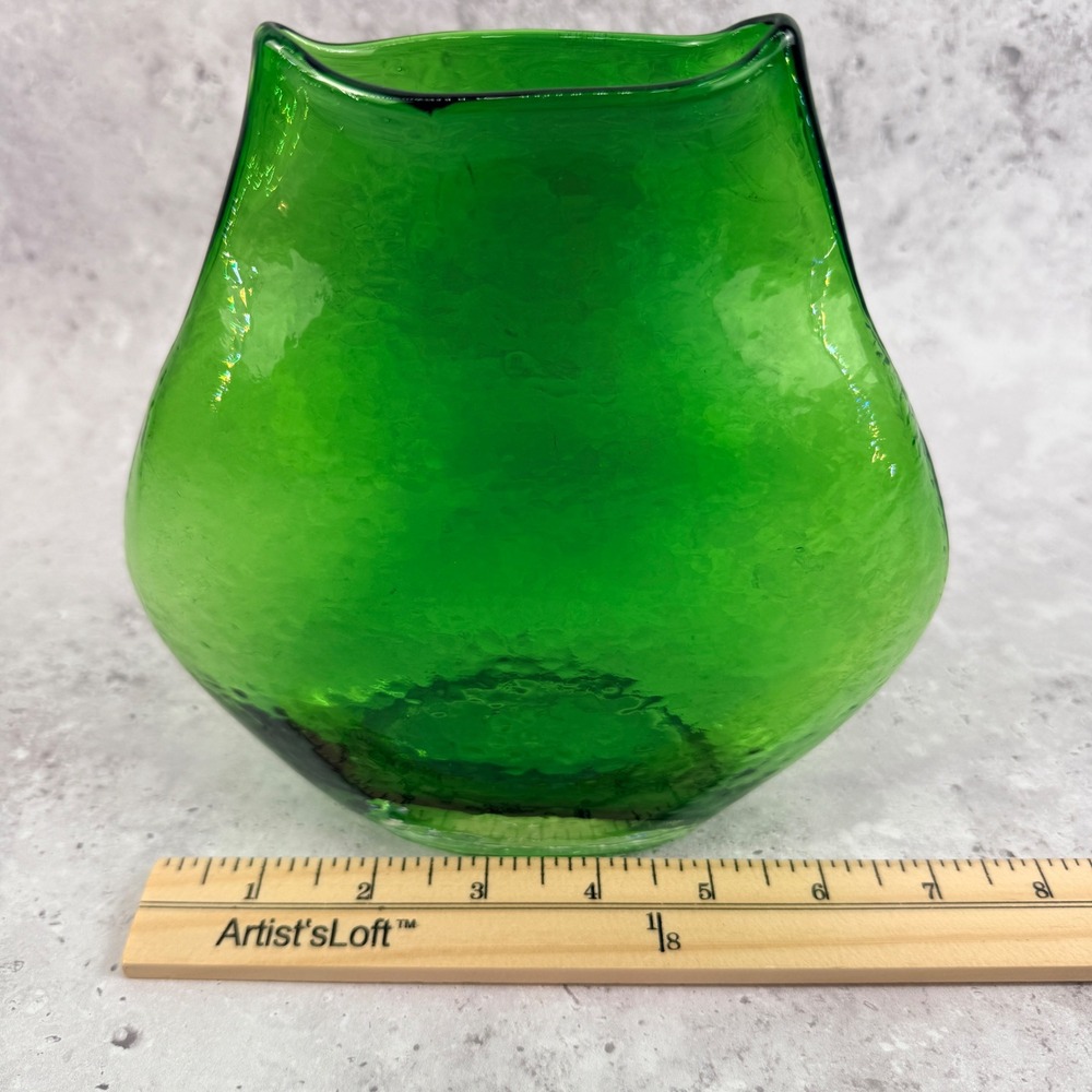 Mid Century Green Glass Pillow Vase Large Textured Hand Blown MCM - Picture 8 of 8